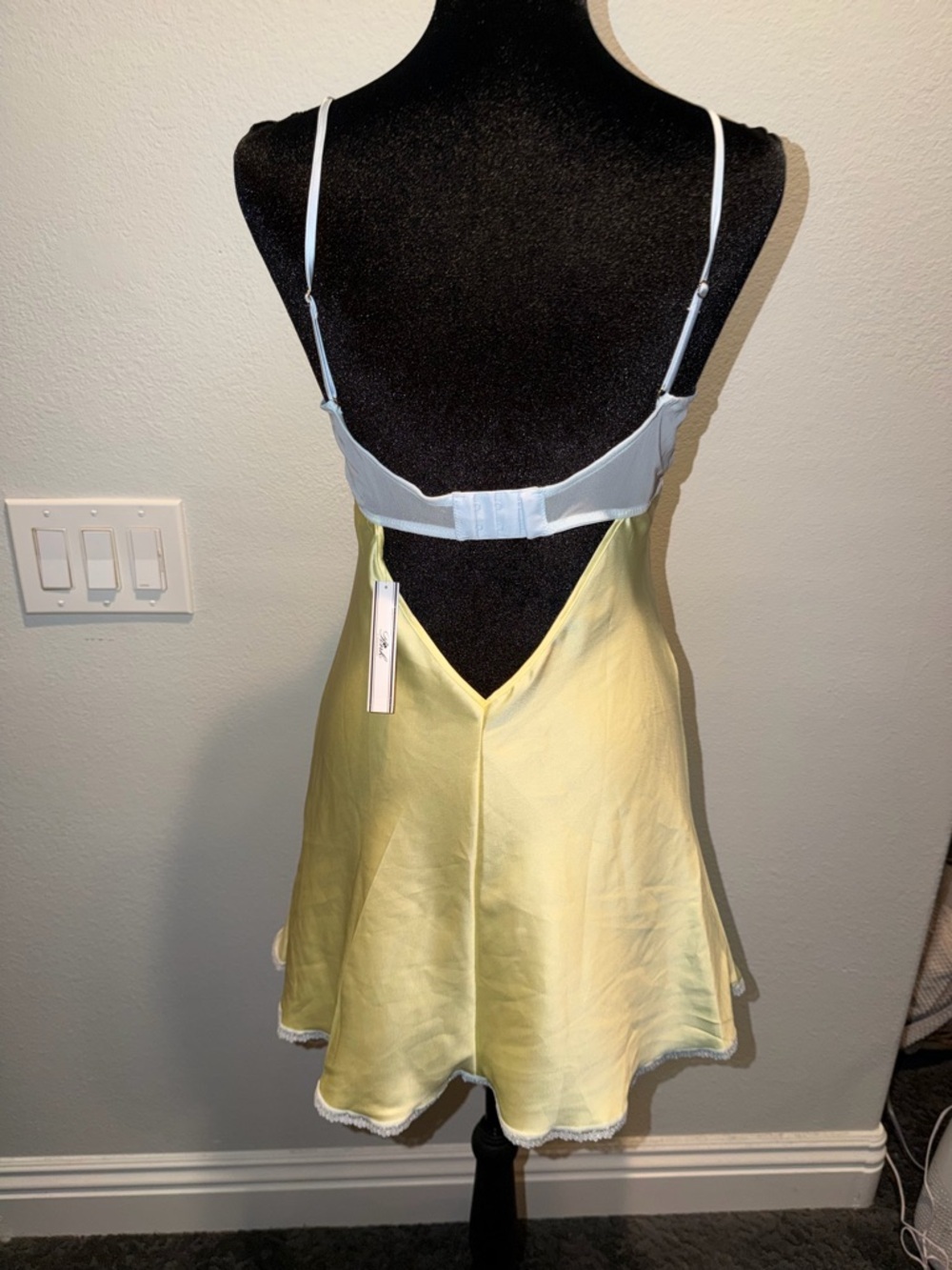 PINK x Frankie’s Bikinis Yellow Satin Slip Romper with Light Blue Trim Y2K - Picture 6 of 7
